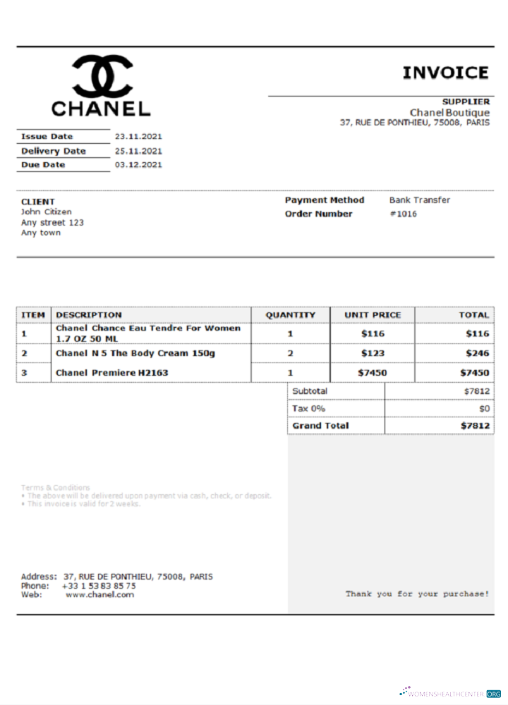 Download USA Chanel invoice Photoshop template